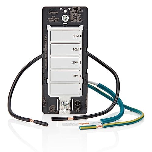 Leviton Countdown Timer Switch for bathroom fan and household lights, 10-20-30-60 min, No Neutral Required, Single Pole, 15A, 1/2HP/9.8A Fan/Motor, DT160-1LW, White 10