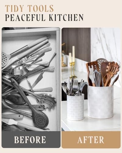 Nucookery Utensil Holder, Extra Large Ceramic Utensil Crock for Kitchen Counter, Stable Spatula & Flatware Organizer, Farmhouse Embossed Kitchen Decor, Set of 2 (Checkered) 6