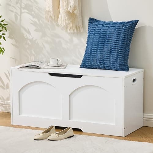 oakvivo 39.4" Storage Chest, Wooden Storage Bench Trunk, Upgraded Safety Lift Support Hinge, Large Entryway Bench Box, Supports 330 lb U-Shaped Opening for Entryway, Hallway, Living Room, Ivory White 9