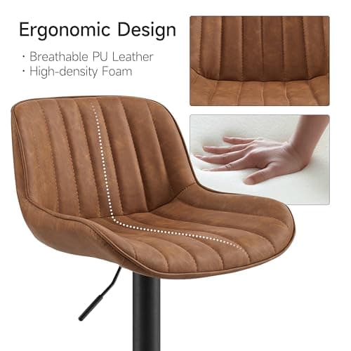 Volans Bar Stools Set of 4, Mid Century Modern Faux Leather Swivel Adjustable Height Bar Stool, Counter Height Pub Bar Chair with Back, Black Powder Coated Base, Yellow Brown 5