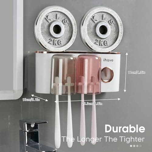 iHave Toothbrush Holders Bathroom Decor with Toothpaste Dispenser, 2 Cups Toothbrush Holder Wall Mounted Bathroom Accessories 5