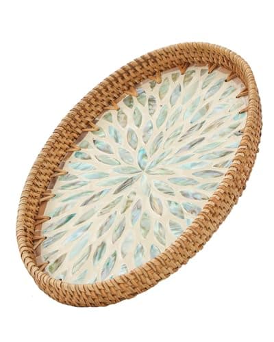 Rattan Serving Tray with Mother of Pearl Inlay for Home Decor and Coffee Table Decor Wicker and Woven Tray Oval Decorative Serving Tray