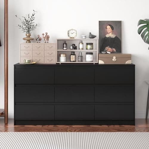 Hitow 9 Drawer Dresser for Bedroom with Deep Drawers, Large Floor Wood Dressers & Chest of Drawers Handle Free, Modern Black Long Dressers for Closet Living Room, Euro Slide (63"W x 15.7"D x 31.5"H)