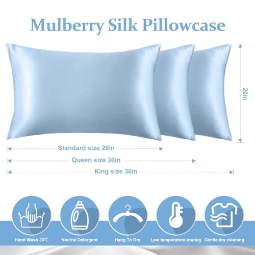 2 Pack 100% Pure Silk Pillowcase for Hair and Skin, Both Sides Mulberry Silk Pillowcases with Hidden Zipper, Cooling Pillowcase 19 Momme, 600 Thread Silk Pillow Cases Standard Size, Light Blue 6