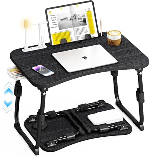 Lap Desk for Bed Adjustable Height, Foldable Bed Table with Storage Drawer, Tablet Slot & Cup Holder, Portable Laptop Stand for Bed & Sofa, Bed Desk for Adults & Kids, Black