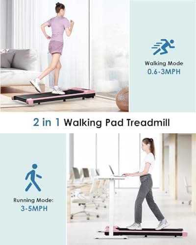 Walking Pad Treadmill Under Desk, 5MPH Small Portable Treadmill for Office & Home, Mini Quiet Compact, 2.5HP Flat Running Machine, 300 Lb Capacity, Pink 7