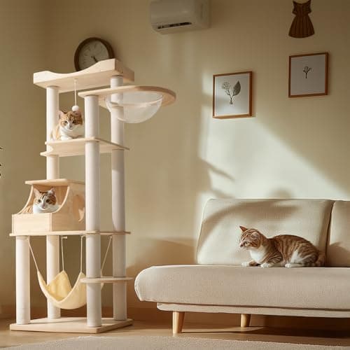 Veehoo Cat Tree Tower-64 Inches Modern Cat Tree for Indoor Cats, Solid Wood Cat Tree with Cat Condo/Cat Perches/Scratching Post and Hammock, Tall Wooden Cat Tree for Large Cats 7