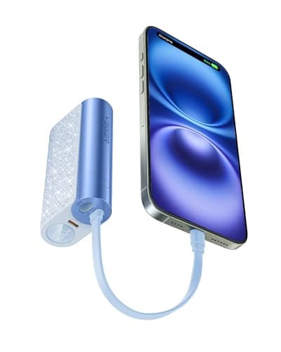VEGER Compact Portable Charger with Built in Cable(Removable), 10000mAh Cute Power Bank 20W Fast Charging, Sparkling Battery Pack Fashion Travel Accessory Compatible with iPhone 15/14, Android-Blue
