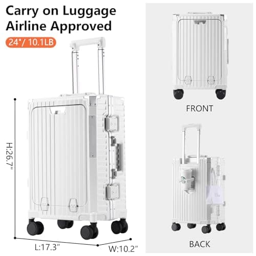 TLIPPY 20" Carry-On Luggage – Airline Approved, Lightweight PC Hardside Suitcase with Spinner Wheels, USB Port, Front Pocket, TSA Lock & Aluminum Frame, White 6