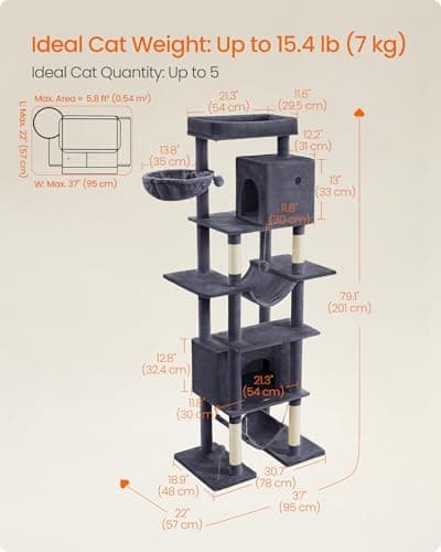 Feandrea Cat Tree, 79.1 Inch Tall Cat Tower for Indoor Cats, Multi-Level Large Cat Condo with 4 Scratching Posts, 2 Hammocks, a Perch, 2 Cat Caves, Anti-Tip Kit, Dark Gray UPCT195G02 6