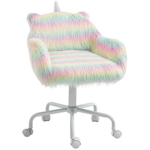HOMCOM Fluffy Unicorn Office Chair with Mid-Back and Armrest Support, 5 Star Swivel Wheel White Base, Rainbow