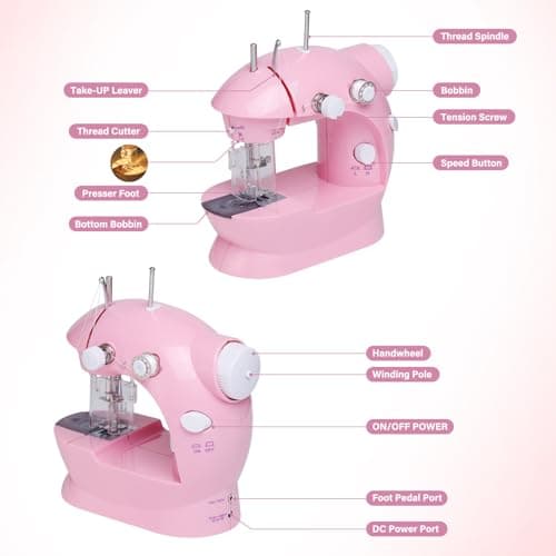 Sewing Machine for Beginners with Expansion Table and Foot Pedal and 42Pcs Sewing kit Finger Guard & Light Mini Small Portable Sewing Machines 2-Thread 2-Speed 2-Switches for Kids Ages 8-12 Peach Pink 5