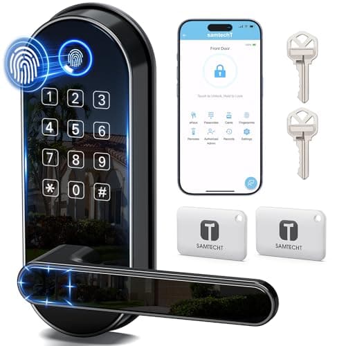 Bluetooth Fingerprint Smart Lock with Handle & Keypad – Fits Most US Doors, DIY Install, Keyless Entry: Code, FOB, Auto-Lock. Ideal for Home, Airbnb, Rental, Kids, Seniors. Alexa & Google Compatible