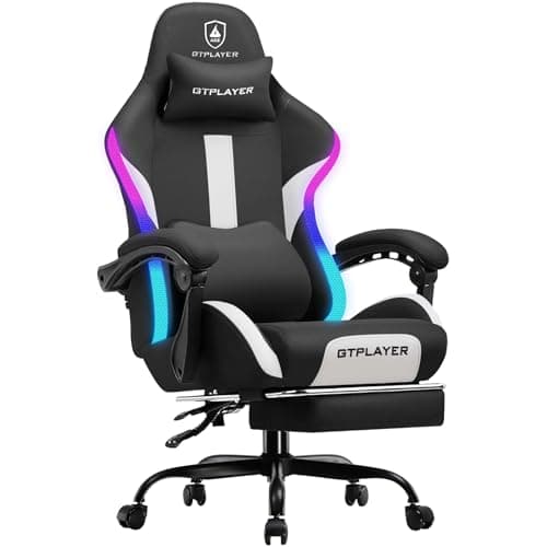 GTPLAYER Gaming Chair with Foot Rest & Racing Style RGB LED Lights, Breathable Fabric for Home Office Desk, Ergonomic High Back Computer Chair with Headrest & Lumbar Support, RGB Black