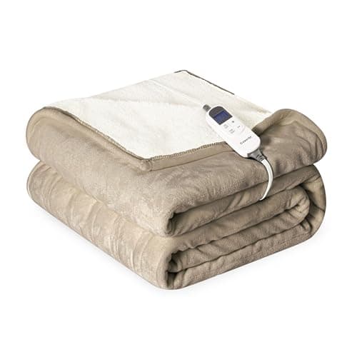 Cozorbt Heat Blanket 50”x60” Throw,Soft Flannel & Sherpa Reversible Electric Blanket with 10 Heat Settings,12 Timer Setting and 3 Hours Auto-Shut Off,ETL Certified Machine Washable,Light Brown