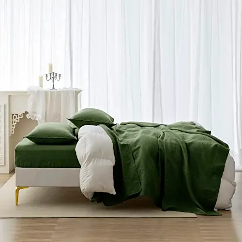 EVERLY 100% Linen Pillowcases Set of 2, Envelope Overlap Closure French Natural Washed Flax Pillowcases 20x36inches-Mossy Green 9