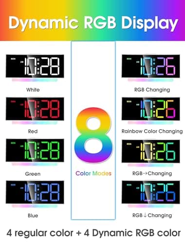 Cadmos Extra Loud Alarm Clock for Heavy Sleepers Adults,Teens,Kids,Rainbow Clock for Bedrooms,Small Bedside Digital Clock with Large Display,7 Color Night Light,12/24h(Black+Dynamic) 5