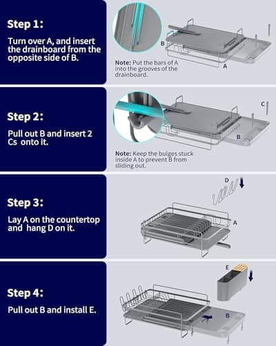Kitsure Extendable Dish Drying Rack, Large Drying Dish Rack with Cutlery & Cup Holders, Multifunctional Dish Racks for Counter with Drainage, 18.2"-25.7" L x 12.9" W, Grey 6