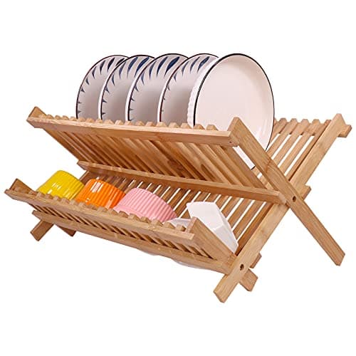SZUAH Collapsible Bamboo Dish Drying Rack - 2 Tier Space Saving Kitchen Counter Organizer, Holds 19 Plates, Bowls & Utensils (17.8"x10.23"x9.25")