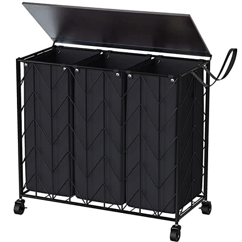 WOWLIVE Laundry Basket with Wheels, 142L Hamper 3 Section with Lid, Dirty Clothes Hamper with Removable Bags, Large Capacity Iron-Made Organizer Laundry Sorter for Dorm, Black