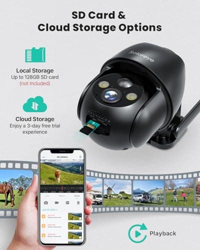 Solareye 4G Cellular Security Camera with SIM Card & Solar Panel - No WiFi Needed, 2K PTZ, No WiFi Camera, PIR Detection, Color Night Vision, 2-Way Audio, Instant Alert for Farm, RV 7