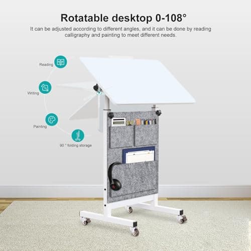KOUPA Adjustable Height Standing Desk, Writable Tempered Glass Desktop with Eraser, 360° Flip, Wheels and Bag– Ideal for Small Spaces and Home Offices, 24 in, White(Adjustable Height: 32-47 in) 7