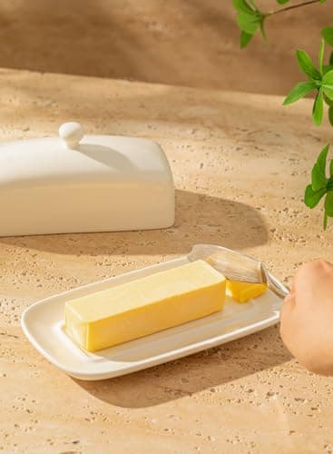 Sweese Butter Dish with Lid, Porcelain Butter Keeper, 7.8 Inch Butter Holder with Handle Cover, Butter Container Perfect for East West Coast Butter, White 5