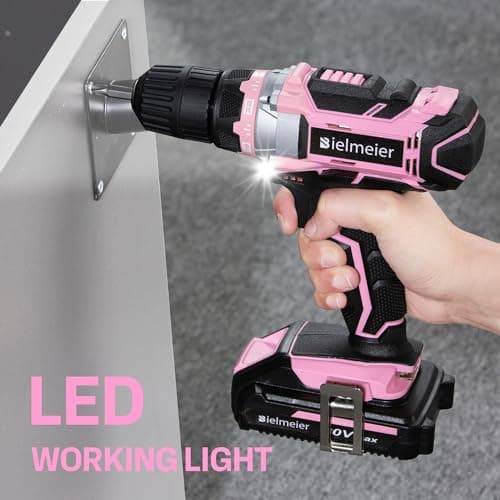 Bielmeier 20V MAX Cordless Electric Drill Set with LED Light - Electric Drill, Variable Speed,64+1 Position,3/8" Keyless Chuck,Flex Shaft, 28pcs Drill Bits,Battery & Charger Included(Pink) 6