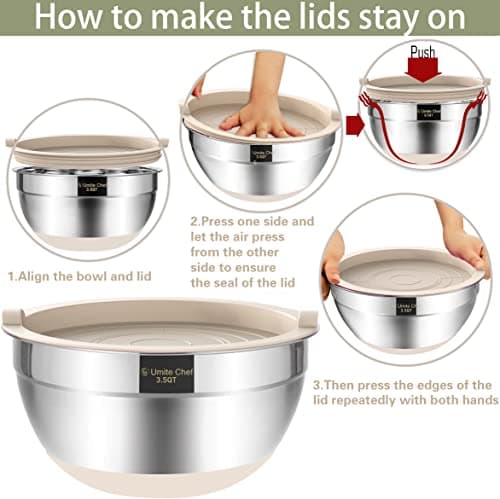 Umite Chef Mixing Bowls with Airtight Lids, 6 piece Stainless Steel Metal Nesting Storage Bowls, Non-Slip Bottoms Size 7, 3.5, 2.5, 2.0,1.5, 1QT, Great for Mixing & Serving (Khaki) 5