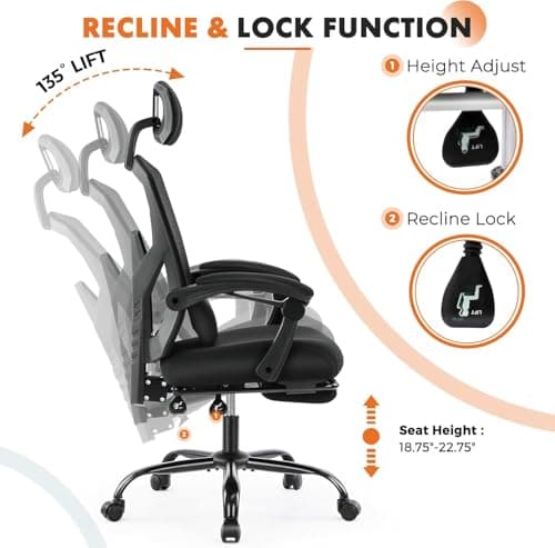 Sweetcrispy Office Computer Desk Chair, Ergonomic High-Back Mesh Rolling Work Swivel Chairs with Wheels, Comfortable Lumbar Support, Comfy Arms for Home, Bedroom, Study, Student, Black 7