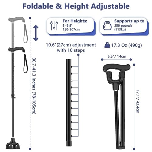 TriPro Walking Cane for Women & Men, Small Base Quad Cane, Pivot Tip,Self Standing,Heavy Duty,Adjustable Folding Cane, 4 Prong Canes for Men & Women, Collapsible Walking Sticks for Seniors & Adults 6