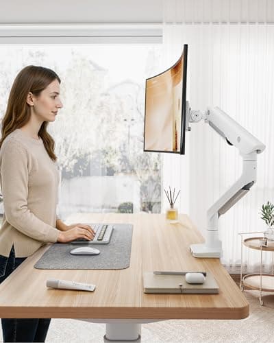 monTEK Sleek Aluminum Monitor Arm for 17–57” Ultrawide Screens up to 59.4 lbs, USB 3.0 A/C, Heavy Duty Single Monitor Arm Desk Mount, Pneumatic Lift, Quick-Release Plate, Clamp/Grommet, VESA 100x100 9