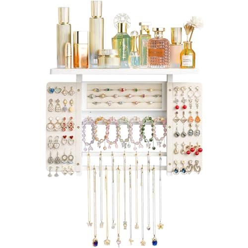 Emfogo Jewelry Organizer Hanging Wall Mounted Jewelry Holder, 5-in-1 Large Capacity Necklace Organizer Wall Hanging Jewelry Display for Ring, Necklaces, Bracelets, Earrings (White) 8