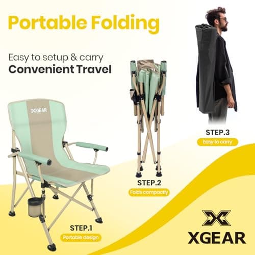 XGEAR Camping Chair with Padded Hard Armrest, Sturdy Folding Camp Chair with Cup Holder, Storage Pockets Carry Bag Included, Support to 400 lbs (1-Green) 7