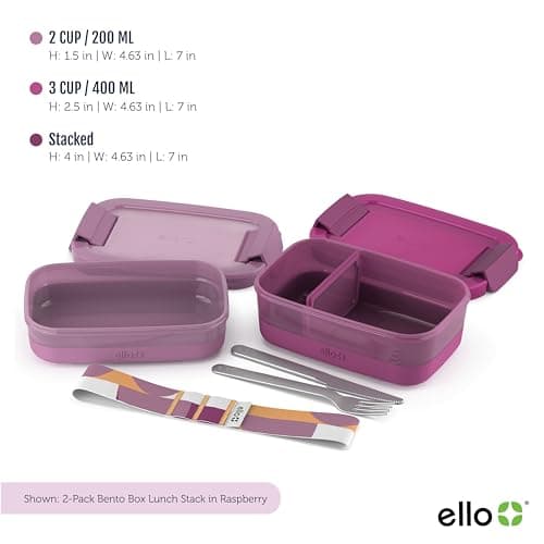 Ello 2-Pack Lunch Stack Plastic Food Storage Container Bento Box with Airtight, Leak-Proof Locking Plastic Lids and Silicone Base, BPA-Free, Freezer, Microwave, and Dishwasher Safe, Raspberry 3