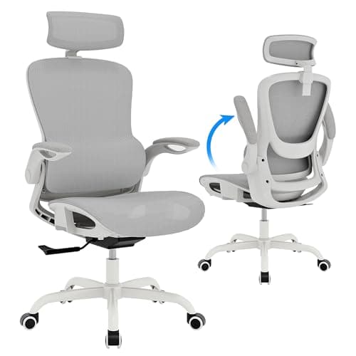 GABRYLLY Ergonomic Mesh Office Chair- White Desk Chair, Flip-Up Armrest, Adjustable Headrest, Tilting with Soft Seat and PU Wheel, Elite Home Desk Chair for Work, Study, Gaming (GY1108)