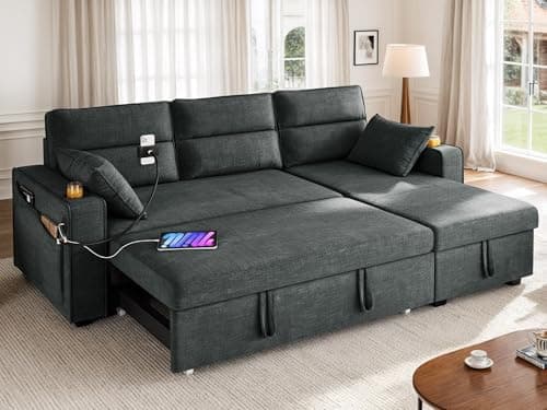 YITAHOME 85" Sleeper Sofa, Convertible Sofa Bed Couch with Pullout Bed for Living Room, L-Shaped Sectional Sofa with Cup Holder Phone Holder USB Ports, 2 Pillows and Side Pocket, Dark Grey 7
