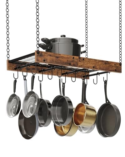 CHOEZON Hanging Pot Rack, Vintage Pot Hangers for Kitchen, Ceiling Mounted Pot Rack, Pot and Pan Hanging Rack with 12 S-Shaped Hooks, for Cookware Storage, Rustic Brown and Black TPR01BF 7