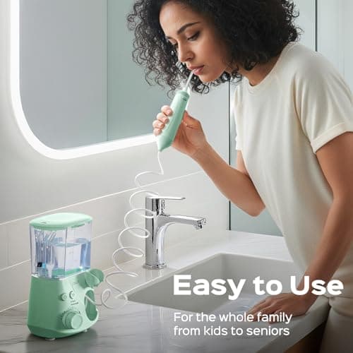 COSLUS E2 Excellent Water Flosser for Teeth Cleaning: 12 Pressure Settings & 2 Modes for Orthodontic, Braces, Sensitive - Patented Storage, 5 Jet Tips and 600ML Tank for Family, Home Use, Green 7