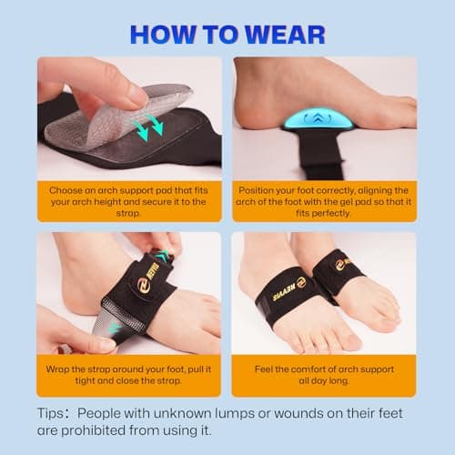 NEVVIS Arch Support Braces with Replaceable Gel Pads, Adjustable Orthotic Arch Support for Women Men, Relief for Plantar Fasciitis, High Arch, Flat Feet, Foot Fatigue, Arch Pain, 4 Pads with 2 Heights 6
