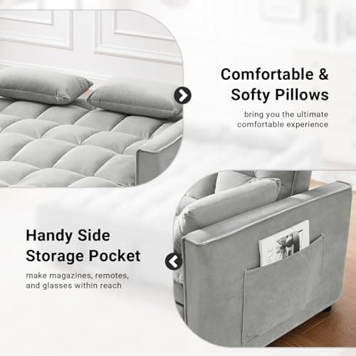 Skepphlay 3 in 1 Convertible Sofa Bed, Pull Out Couch with 3-Level Adjust Backrest, Loveseat Sleeper Recliner with Storage Pockets and 2 Pillows, Velvet Chaise Lounge for Living Room, Gray, Full Size 5