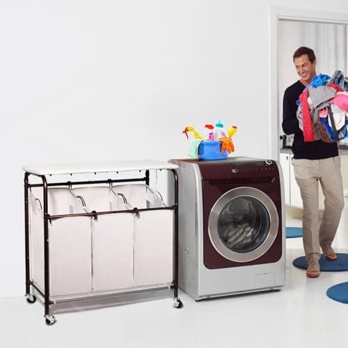 Ollieroo Classic Rolling Laundry Sorter Cart Heavy Duty 3 Bags Laundry Hamper Sorter with Ironing Board (Beige) 9