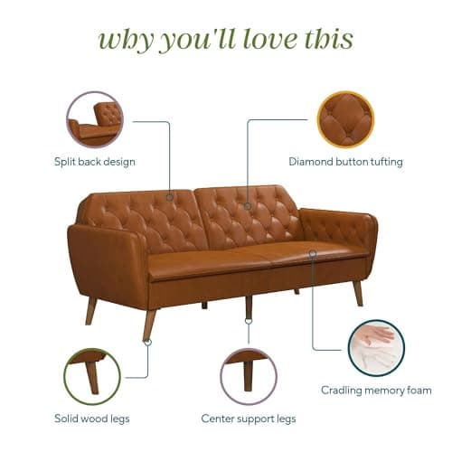 Novogratz Tallulah Memory Foam Futon, Convertible Couch, Camel Faux Leather 8