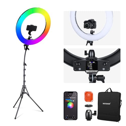 NEEWER 18 Inch RGB LED Ring Light APP Control with Tripod Stand and Phone HolderCompatible with iPhone for Selfie Makeup Lash Studio Streaming Video Recording Lighting, 42W Ringlight Dimmable,RGB18 II