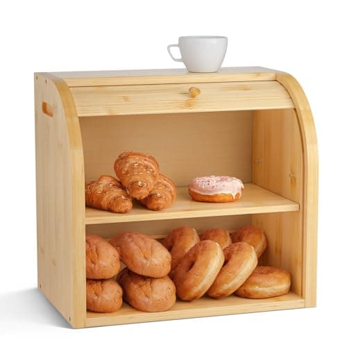 G.a HOMEFAVOR Roll Top Bread Box for Kitchen Counter, Large 2-Tier Bamboo Bread Storage Container, Bread Holder Food Bin for Countertop, Self-Assembly
