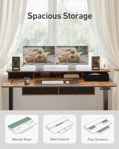 FEZIBO 55 x 30 inch Standing Desk with Drawers, Height Adjustable Electric Workstation, Computer Sit Stand Up Table with Large Storage Shelf 4 Drawers and 2 Hooks, Rustic Brown 5