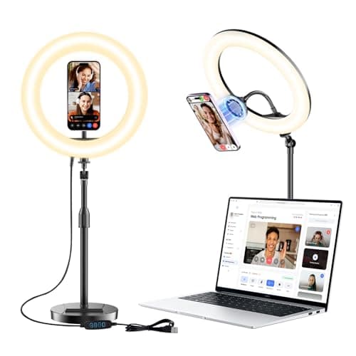 Desk Ring Light with Magnetic Phone Holder, 10'' Video Conference Podcast Lighting Kit for Laptop Computer Monitor Zoom Call Streaming, 3 Color LED Halo Light with Adjustable Stand for Home Office
