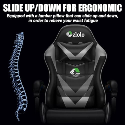 Czlolo Gaming Chair with Footrest Racing Style Lumbar Support Massager Video Game Chair with Metal Legs, High Back Reclining Gamer Chair with Headrest, 360° Swivel Office Computer Desk Chair (Gray) 6