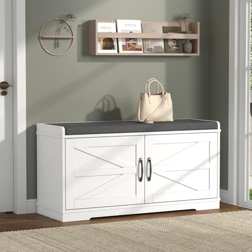 Loomie Shoe Storage Bench, 2-Tier Farmhouse Entryway Bench with Padded Seat Cushion, 13.78" D x 39.37" W x 19.69" H, Slim Shoe Cabinet Bench for Entryway, Living Room, Bedroom (White)