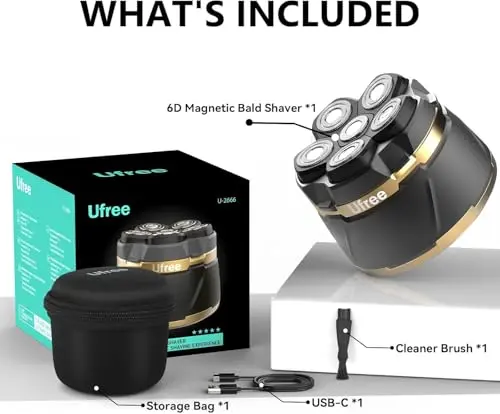 Ufree Head Shavers for Bald Men - IPX6 Waterproof Wet/Dry Bald Head Shaver, Detachable Rotary Blade for Clean Shave, Electric Shaver with LED Display, Storage Bag 7